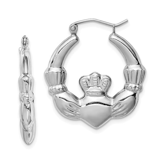 Sterling Silver Rhodium Plated Claddagh Semi-Solid Hoop Earrings