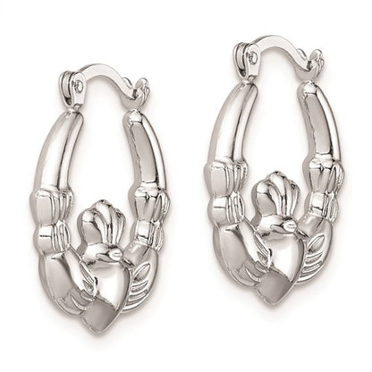 Sterling Silver Rhodium Plated Claddagh Semi-Solid Hoop Earrings