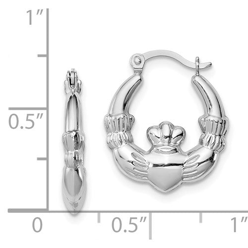 Sterling Silver Rhodium Plated Claddagh Semi-Solid Hoop Earrings