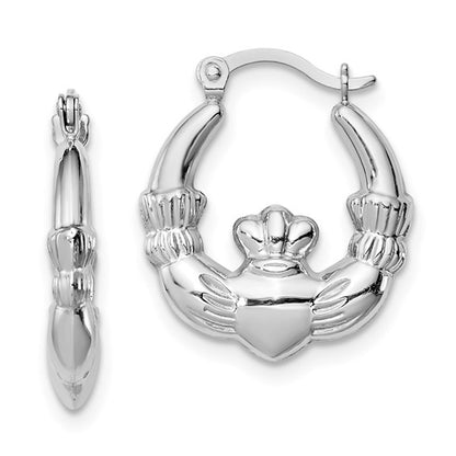 Sterling Silver Rhodium Plated Claddagh Semi-Solid Hoop Earrings