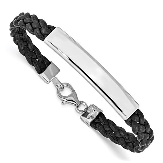 Sterling Silver Braided Leather ID Bracelet