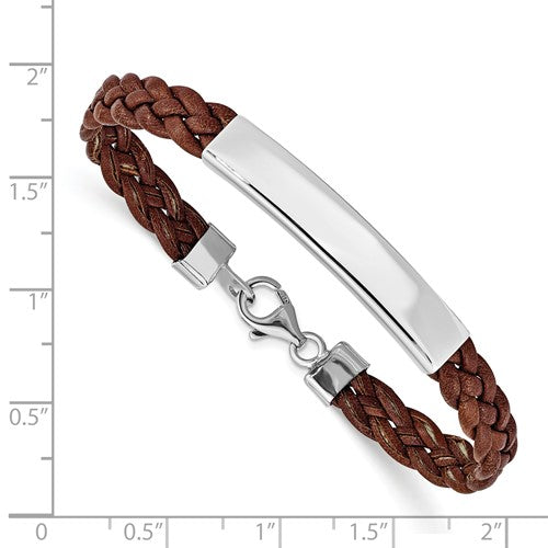 Sterling Silver Braided Leather ID Bracelet