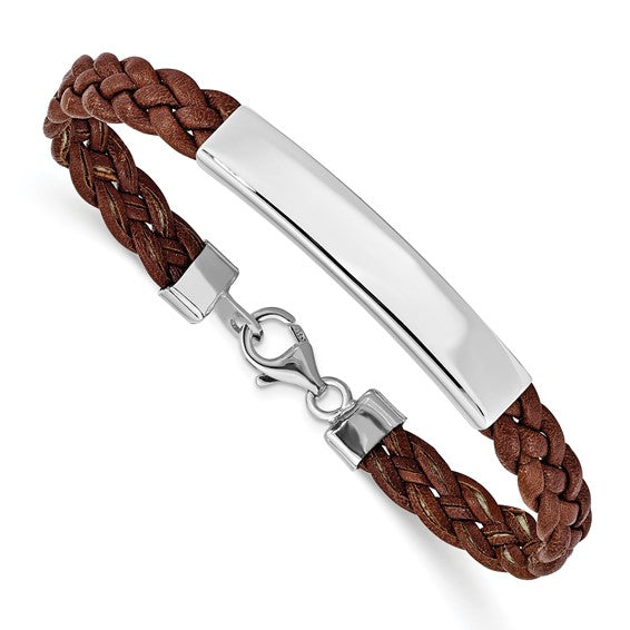 Sterling Silver Braided Leather ID Bracelet