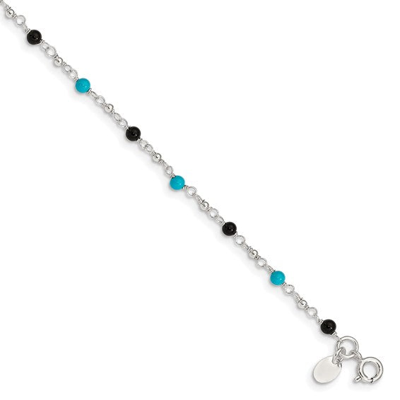 Sterling Silver Onyx & Turquoise Beaded Anklet