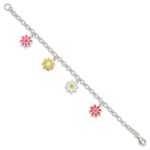 Sterling Silver Children's Enameled Flower Bracelet