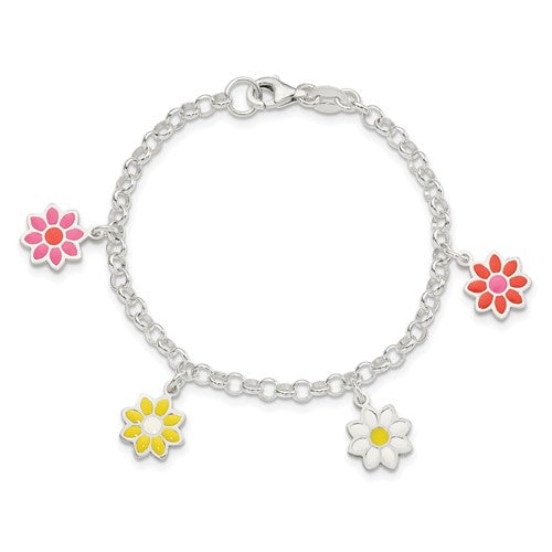 Sterling Silver Children's Enameled Flower Bracelet