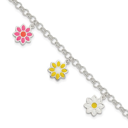 Sterling Silver Children's Enameled Flower Bracelet