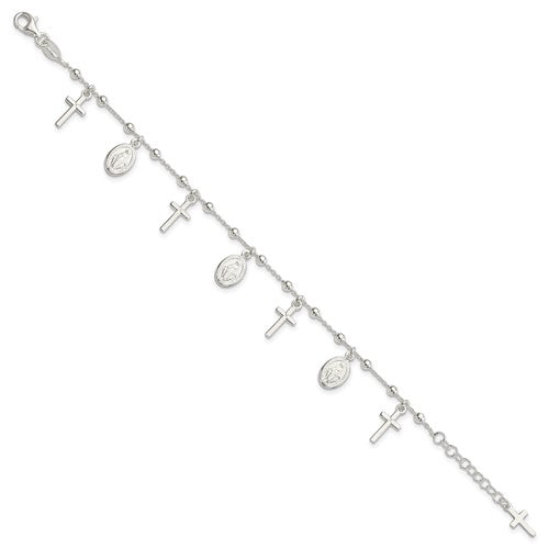 Sterling Silver Beaded Cross & Miraculous Medallion Bracelet