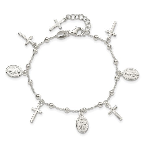 Sterling Silver Beaded Cross & Miraculous Medallion Bracelet