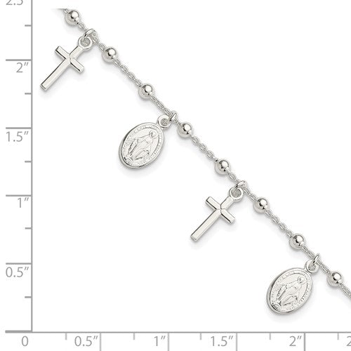 Sterling Silver Beaded Cross & Miraculous Medallion Bracelet