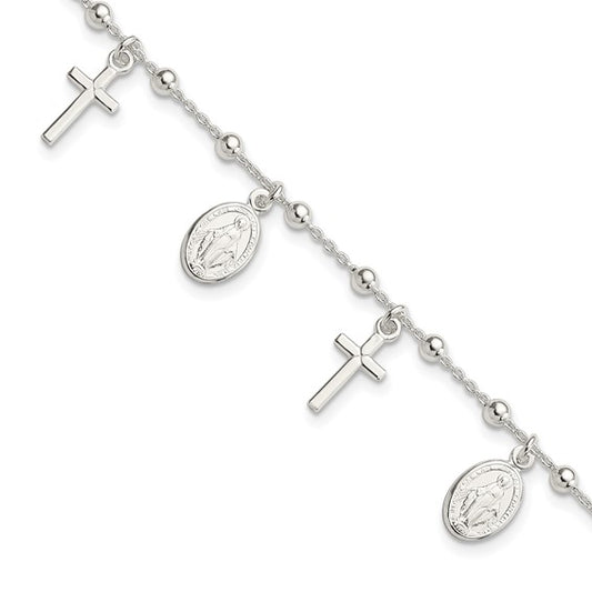 Sterling Silver Beaded Cross & Miraculous Medallion Bracelet