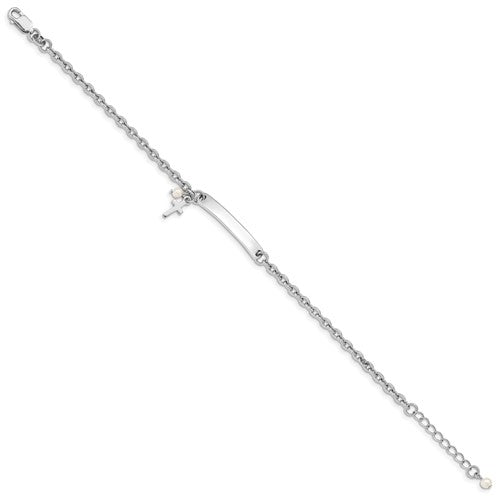 Sterling Silver Cable Link Cross & Pearl Children's ID Bracelet