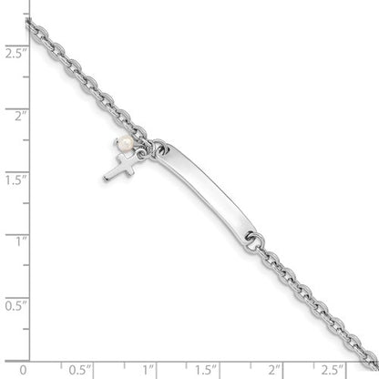 Sterling Silver Cable Link Cross & Pearl Children's ID Bracelet