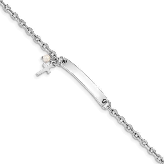 Sterling Silver Cable Link Cross & Pearl Children's ID Bracelet