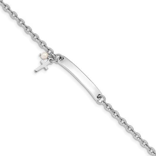 Sterling Silver Cable Link Cross & Pearl Children's ID Bracelet