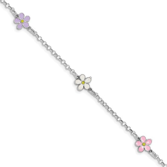 Sterling Silver Children's Enameled Flower Bracelet