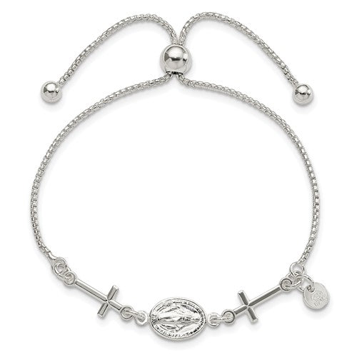 Sterling Silver Miraculous Medal & Crosses Adjustable Bracelet