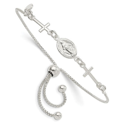 Sterling Silver Miraculous Medal & Crosses Adjustable Bracelet