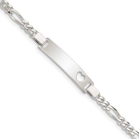 Sterling Silver Figaro Link Cut-Out Heart Children's ID Bracelet