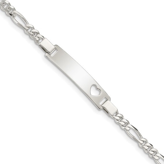 Sterling Silver Figaro Link Cut-Out Heart Children's ID Bracelet