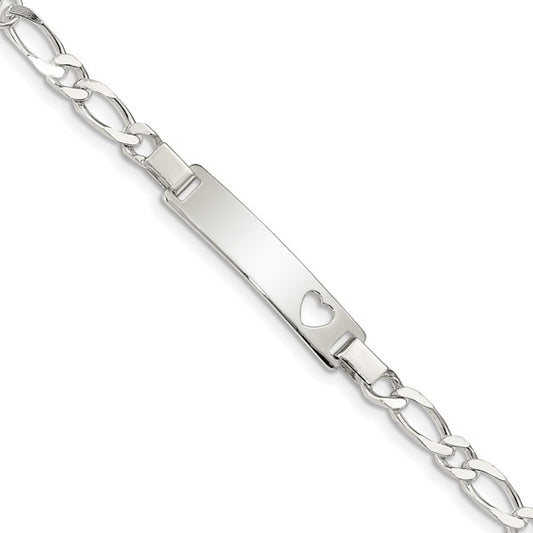 Sterling Silver Figaro Link Cut-Out Heart Children's ID Bracelet