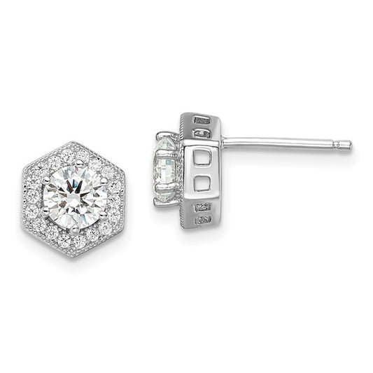 Sterling Silver Rhodium-Plated CZ Hexagon Halo Post Earrings