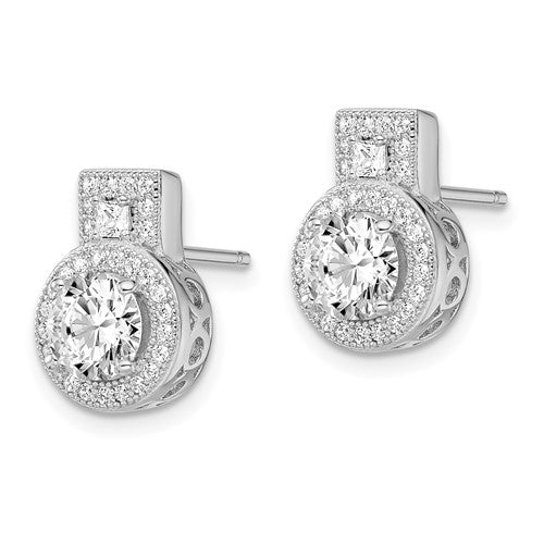 Sterling Silver Rhodium-Plated CZ Halo Post Earrings