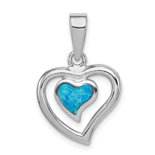 Sterling Silver Created Blue Opal Inlay Heart Charm