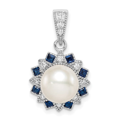 Sterling Silver CZ, Pearl & Blue Spinel Pendant