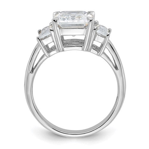 Sterling Silver Rhodium-plated Emerald-cut CZ 3-stone Ring