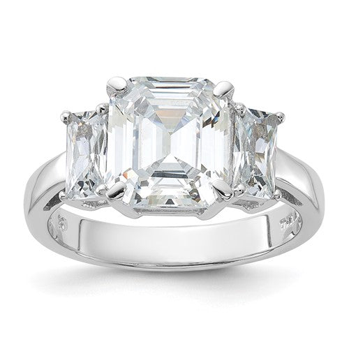 Sterling Silver Rhodium-plated Emerald-cut CZ 3-stone Ring