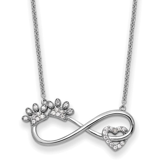 Sterling Silver CZ Paws, Heart, and Infinity Necklace