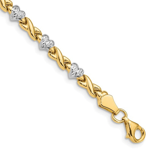 14k Two-Tone Polished Diamond-Cut X & Heart Bracelet