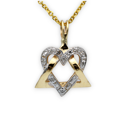 14k Two-Tone Diamond Star of David Heart Pendant