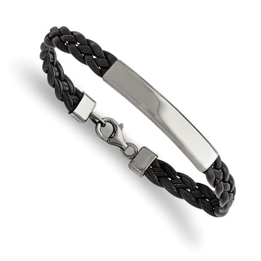 Stainless Steel Polished Black Braided Leather ID Bracelet