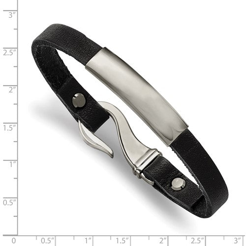 Stainless Steel Polished  Black Leather ID Bracelet 8.5 Inches