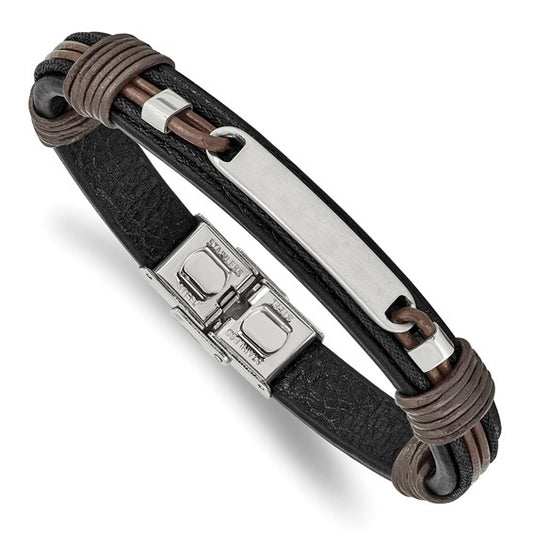 Stainless Steel Black & Brown Leather ID Bracelet