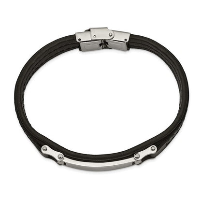 Stainless Steel Polished Black Leather 8.25 inch ID Bracelet