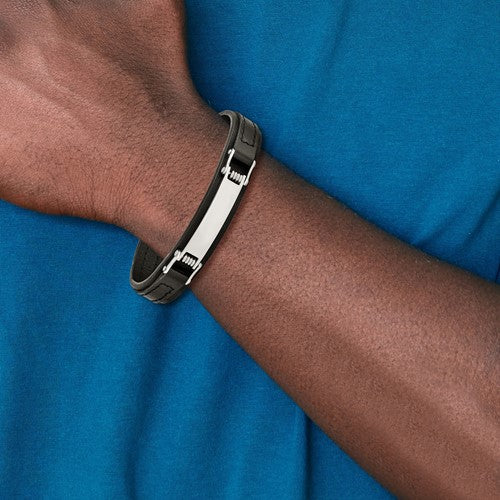 Stainless Steel Polished Black Leather 8.25 inch ID Bracelet