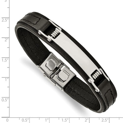 Stainless Steel Polished Black Leather 8.25 inch ID Bracelet