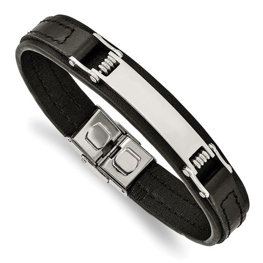Stainless Steel Polished Black Leather 8.25 inch ID Bracelet