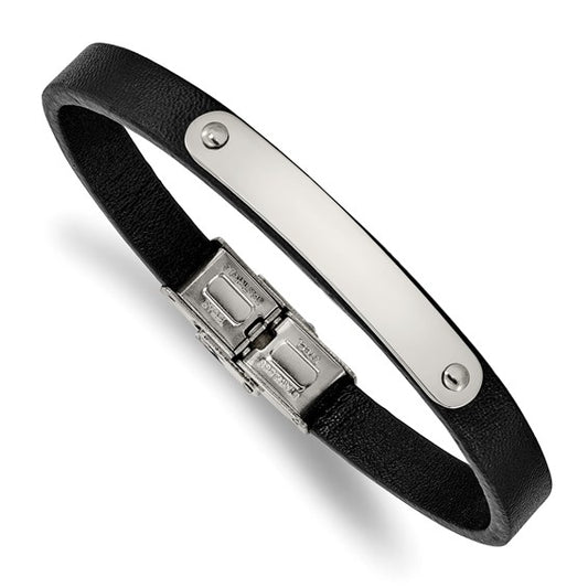 Stainless Steel Polished Black Leather ID Bracelet 8.5 Inches