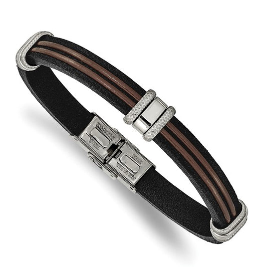Stainless Steel Polished Black & Brown Leather 8.25 inch Bracelet