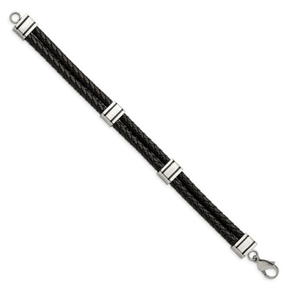 Stainless Steel Braided 2 Strand Black Leather Bracelet