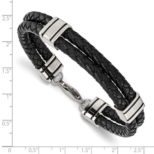 Stainless Steel Braided 2 Strand Black Leather Bracelet