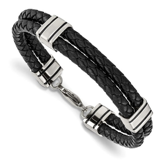 Stainless Steel Braided 2 Strand Black Leather Bracelet
