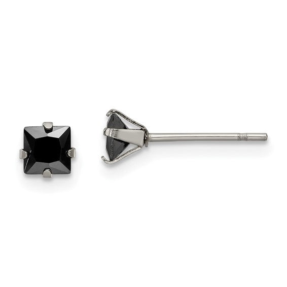 Stainless Steel Square Black CZ Post Earrings