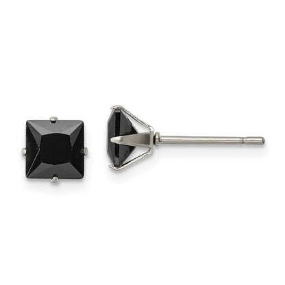 Stainless Steel Square Black CZ Post Earrings