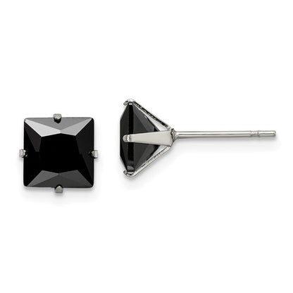 Stainless Steel Square Black CZ Post Earrings