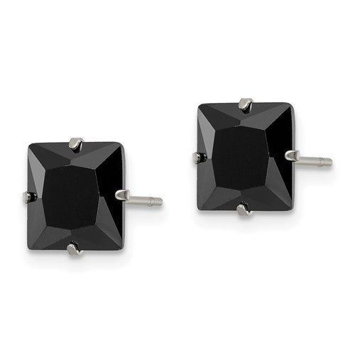 Stainless Steel Square Black CZ Post Earrings